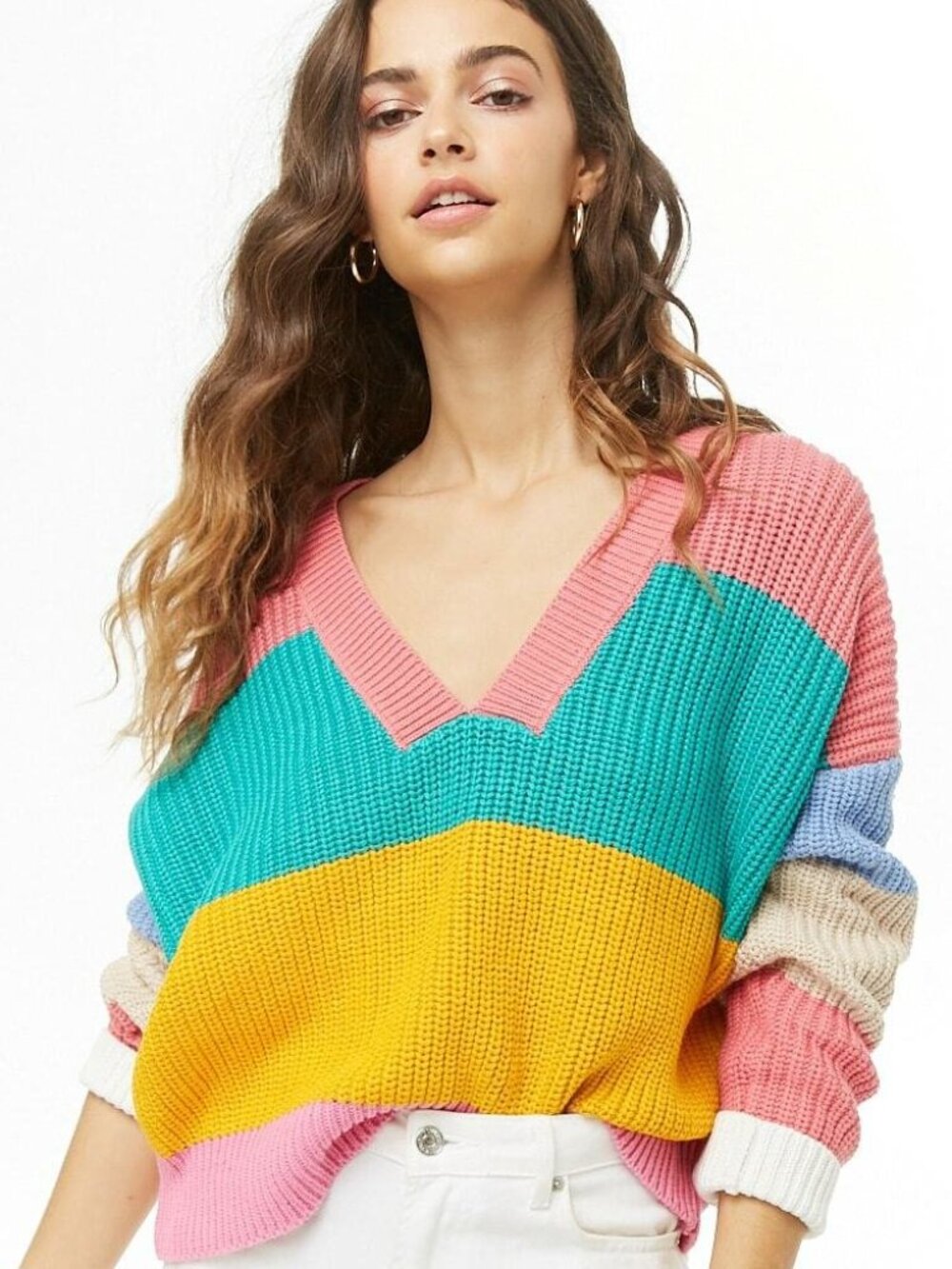 FOREVER 21 Pink Multi Ribbed Colorblock Sweater Small S